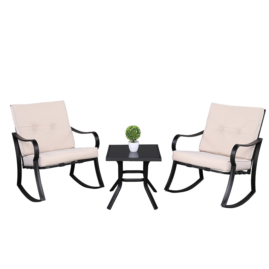 ALAULM 3 Piece Patio Rocking Chairs Set Outdoor Bistro Dining Furniture Armchair Conversation Sets with Coffee Table & Comfortable Cream/Beige Cushions 