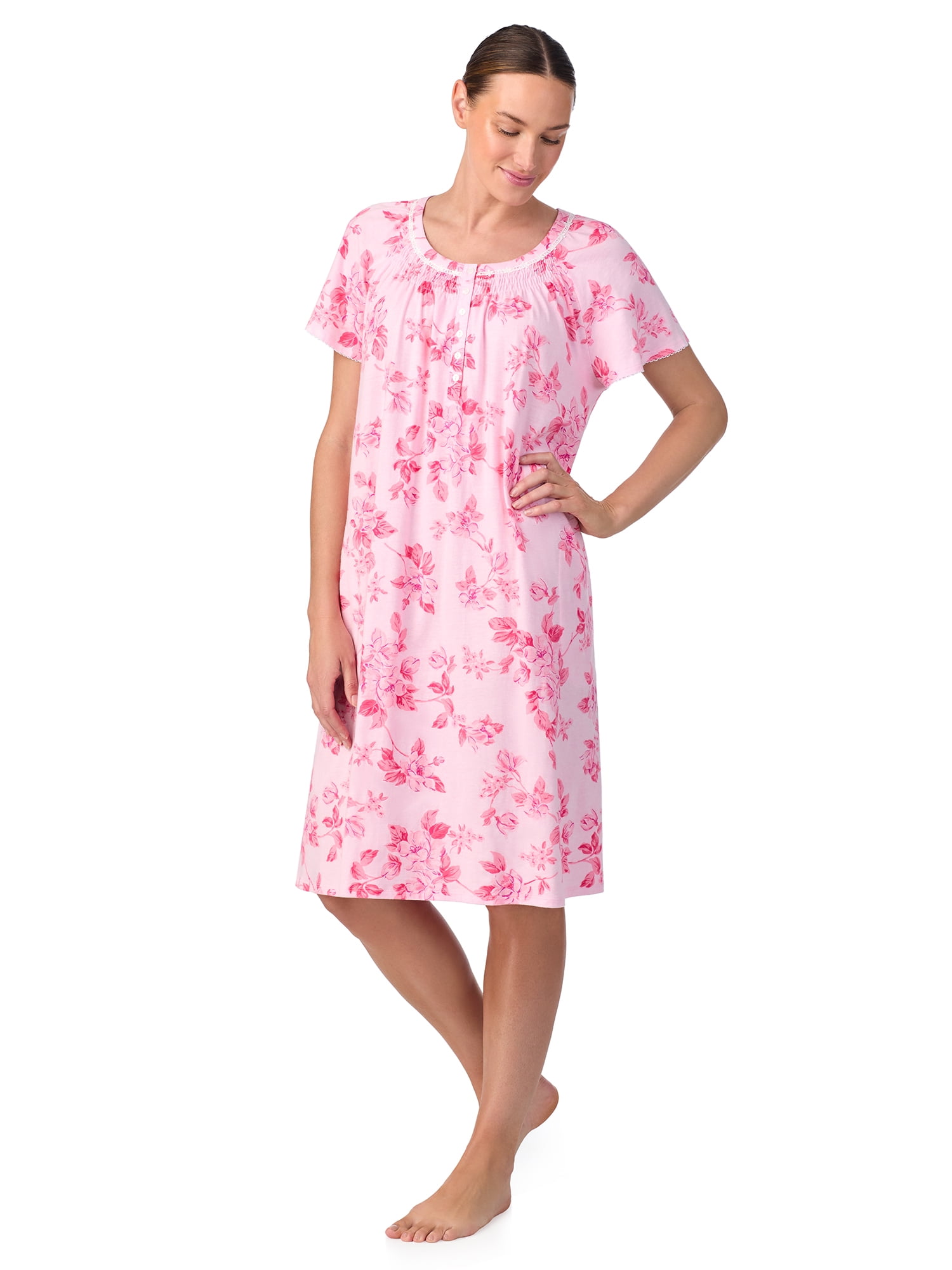Aria Women's 100% Cotton Raglan Sleeve Smocked Neck Sleepwear 40" Gown, Sizes XS-5X