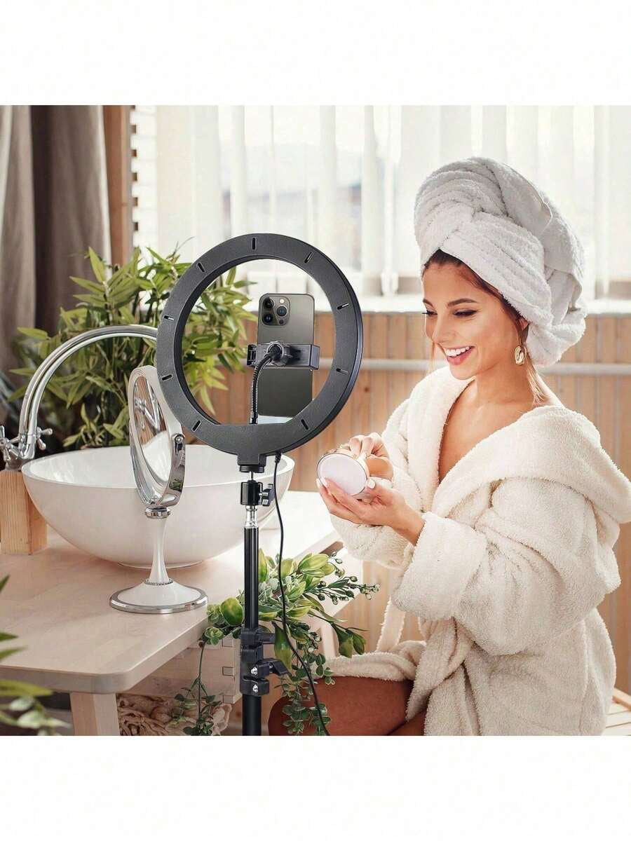 10 Inch LED Ring Light with 43" Tripod, 2 Phone Holders, 3 Color Modes, Adjustable Brightness, USB Powered for Live Streaming, Video Conferencing, Selfies, Makeup -Includes Flexible Tripod & 2 Stands
