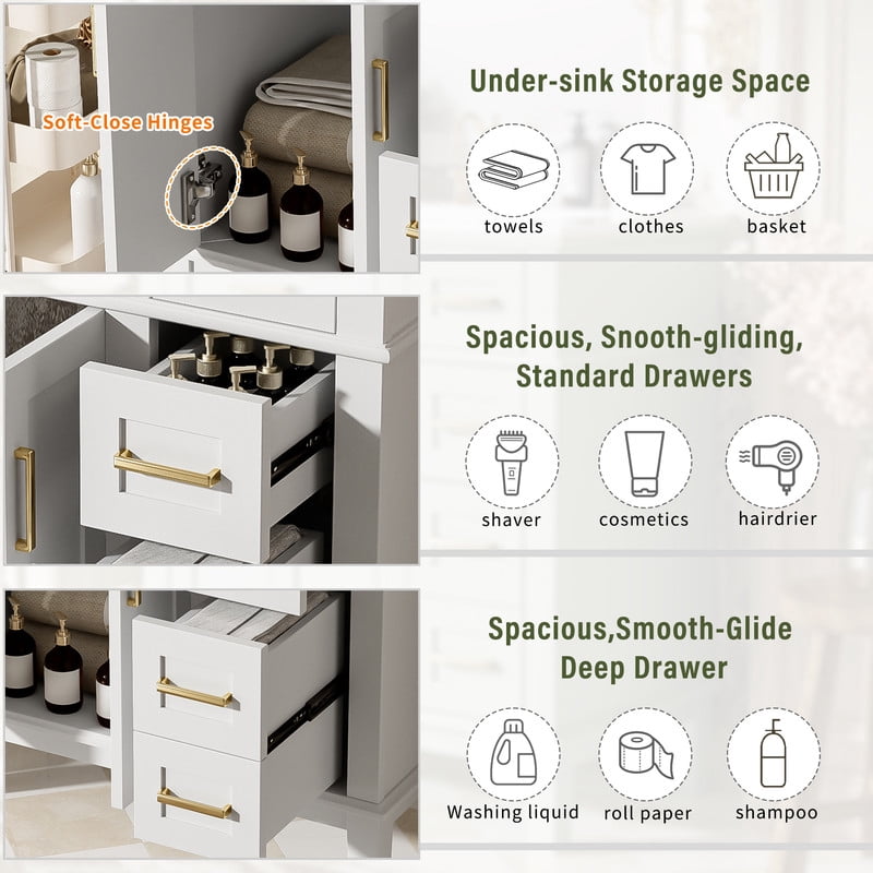 Bellemave 30" Bathroom Vanity Sink Combo, Modern Bathroom Storage Cabinet with 2 Drawers and 2 Soft Closing Door, Freestanding Bathroom Vanities (White)