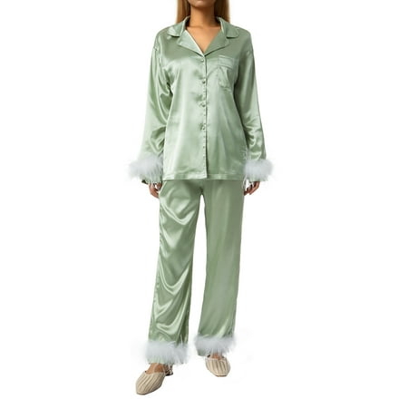 

Juaugusep Women s Sleepwear Feather Decoration Long Sleeve Button-Down Lapel Collar Tops + Pants Pajamas Set