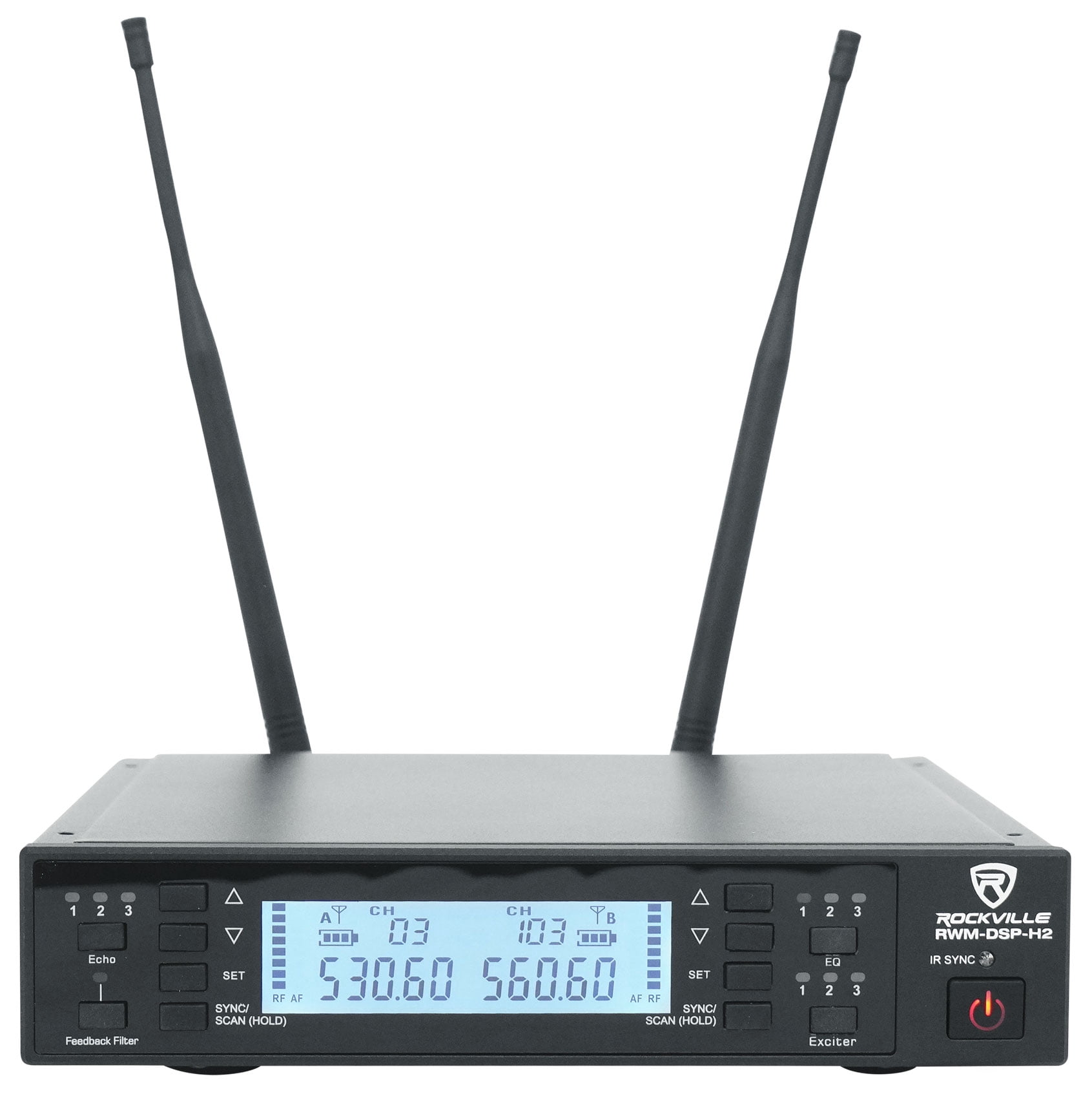 Rockville RWM-DSP-H2 Dual Handheld UHF Wireless Microphone System, DSP Control, Adjustable EQ, Delay, Feedback Filter, OLED Display, 200 Channels, 400-600 ft Range, Includes 2 Mics & Rack Mount