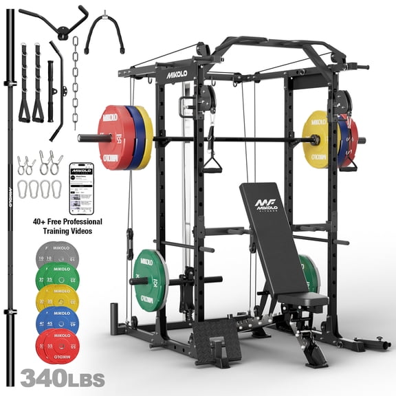 Mikolo Power Rack Cage, 1500LBS Weight Cage with 800LB Capacity Adjustable Weight Bench, 1500LB Capacity Barbell and 340LB Colorful Weight Plate set