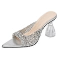 thumbnail image 5 of Rokment Womens Sparkly Sequin Dressy Sandals Bride Wedding Delicate Bling Pointed Toe Clear Chunky High Heels Slip on Open Back Slides Dress Pumps for Banquet Summer Silver Size 8.5, 5 of 5