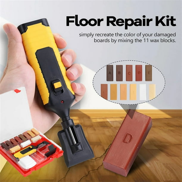 Kit de reparación de suelos laminados con cera y plancha | Reparación de arañazos en encimeras, muebles y armarios | 11 bloques de cera de colores y herramientas para bricolaje en casa, oficina y