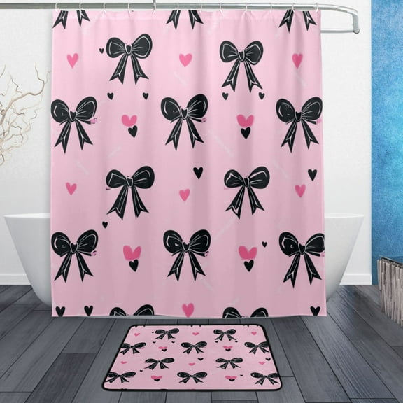 Bath Curtain & Non-Slip Bath Mat Set 12-Grommet Shower Curtain Memory Foam Bath Rug Black Bows