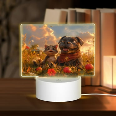 Easygdp Cat Dog Friendship Rectangular Acrylic Night Light Acrylic Sleep Night Light Friend Gifts for Birthday Gifts for Women Teens Boys Girls
