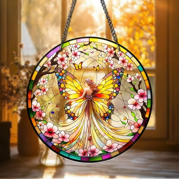 Fairy STAINED GLASS Suncatcher â€“ Round Fantasy Butterfly Fairy Window Hanging, Whimsical Floral Decor for Nature Lovers Fairy Home Decor