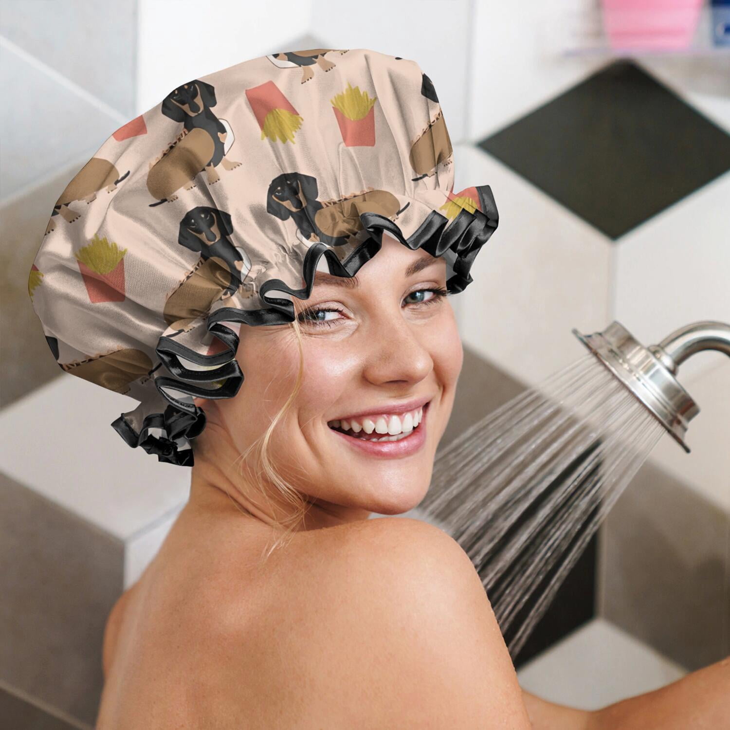Shower Caps,Dachshund Hotdog Fries Waterproof Shower Cap for Women 4 Pieces,Double Reusable Hair Cover for Shower PEVA Elastic Stretch Hem