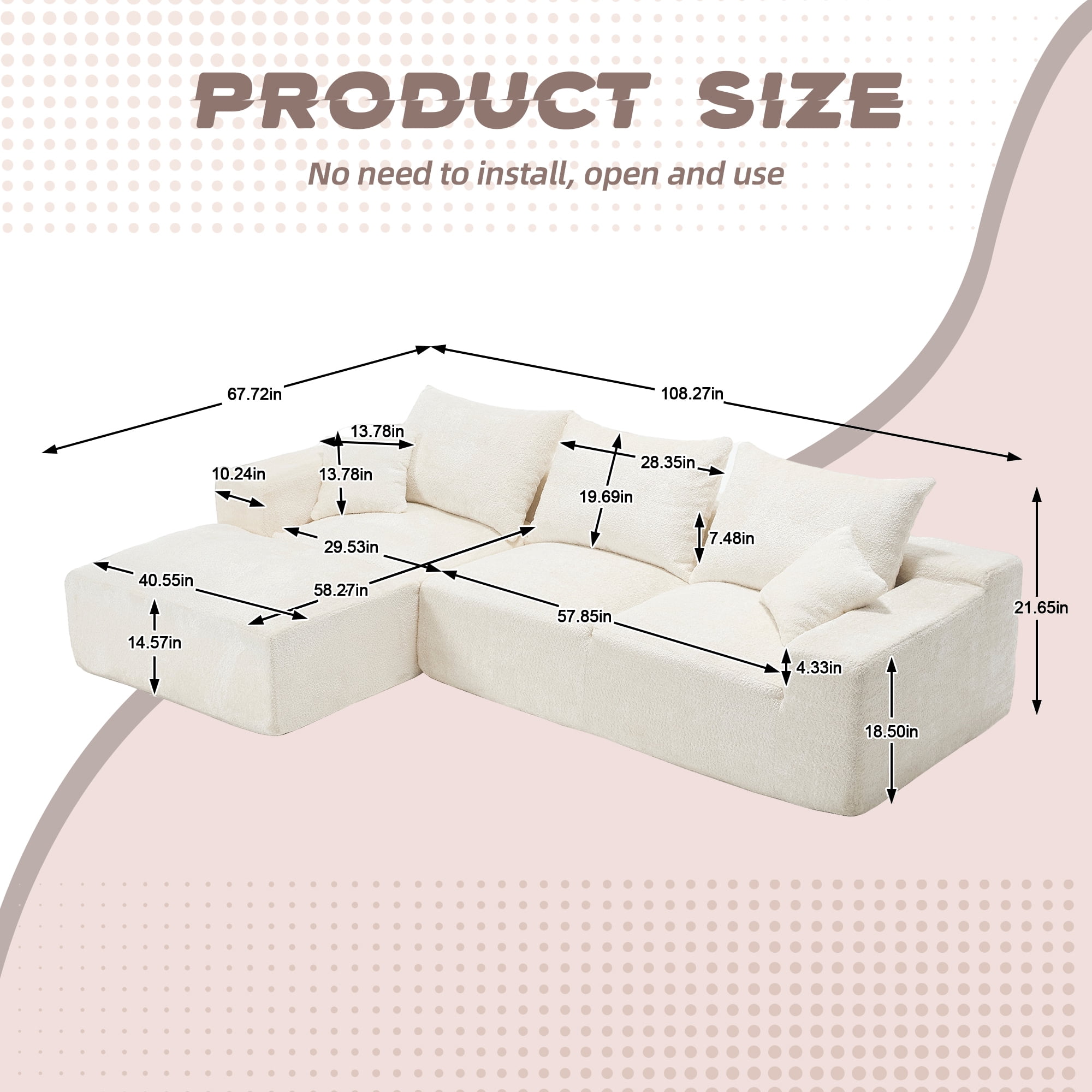 MOONMISS Boucle Upholstered L-shaped Intimate Comfort Deep Seat Modern Sofa with 5 Pillows-Beige