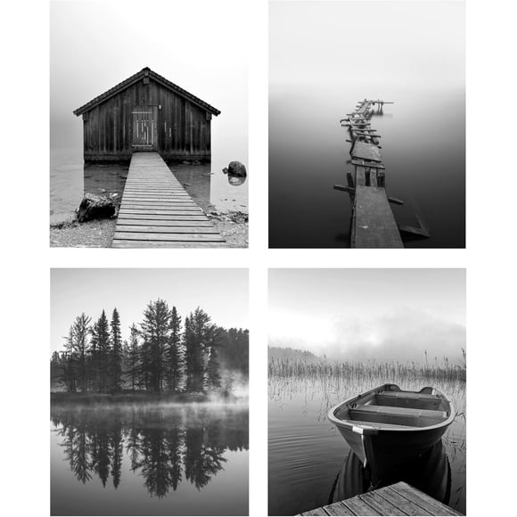 Black and White Lake Canvas Wall Art Prints: 8x10 Unframed Nature Landscape Picture Set of 4 Foggy Lake Photography Boat Pier Photo Wall Decor for Living Room Bedroom