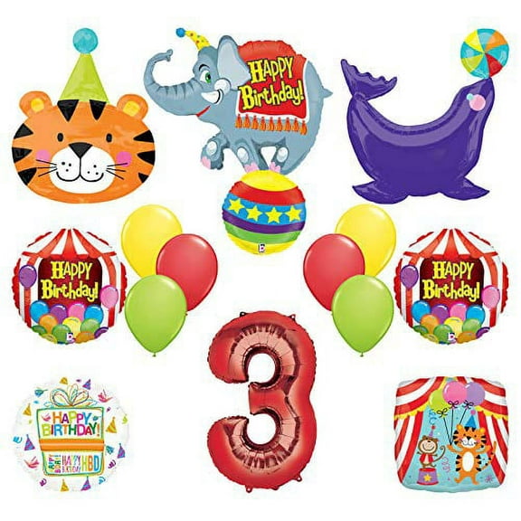 Circus Theme Big Top 3rd Birthday Party Supplies and Balloon Bouquet Decorations Elephant, Tiger and Seal