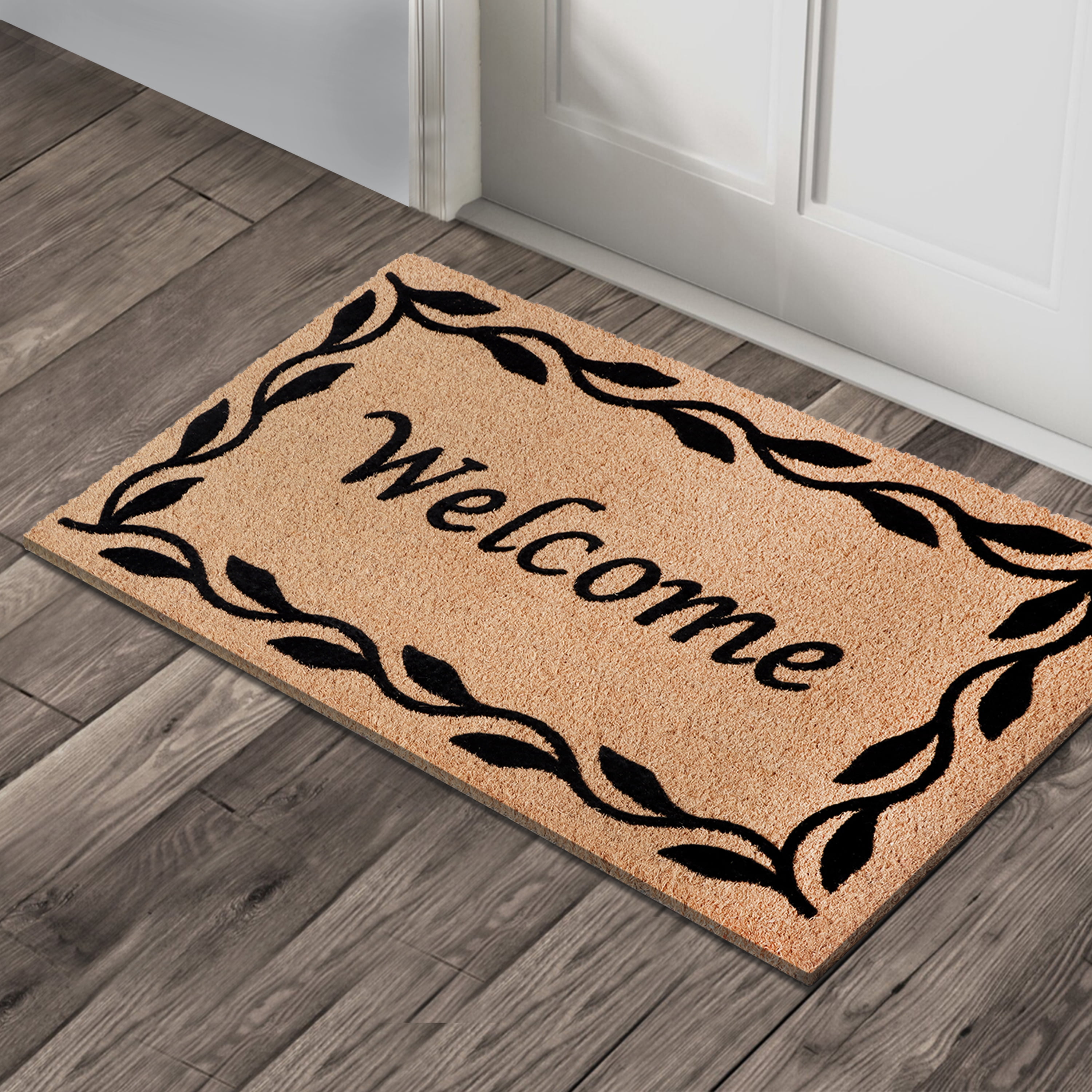 A1HC Natural Coir Flocked Doormat, Black Welcome , 18"x30", Durable Outdoor Mat, Non-Slip, Pet Friendly, Fade Resistant