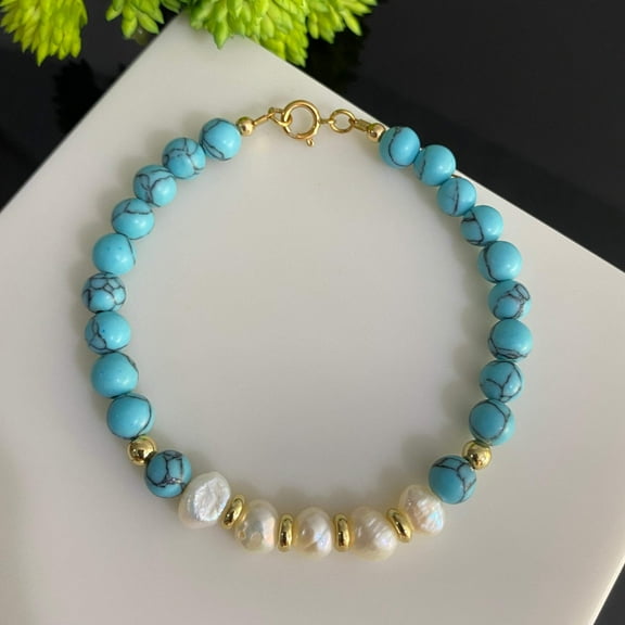 6mm Turquoise and Freshwater Pearl Bracelet 18k Gold Filled Beads