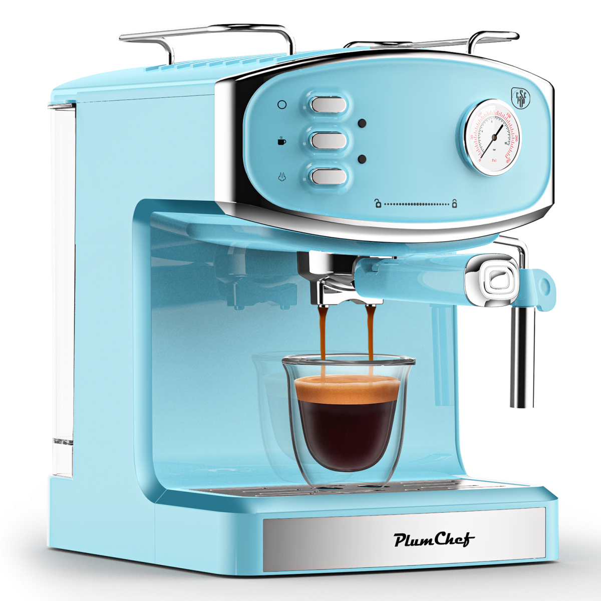 Plum Chef 20 Bar Compact Espresso Machine - Milk Frother Steam Wand Pressure Gauge & 54oz Water Tank (Low Noise)