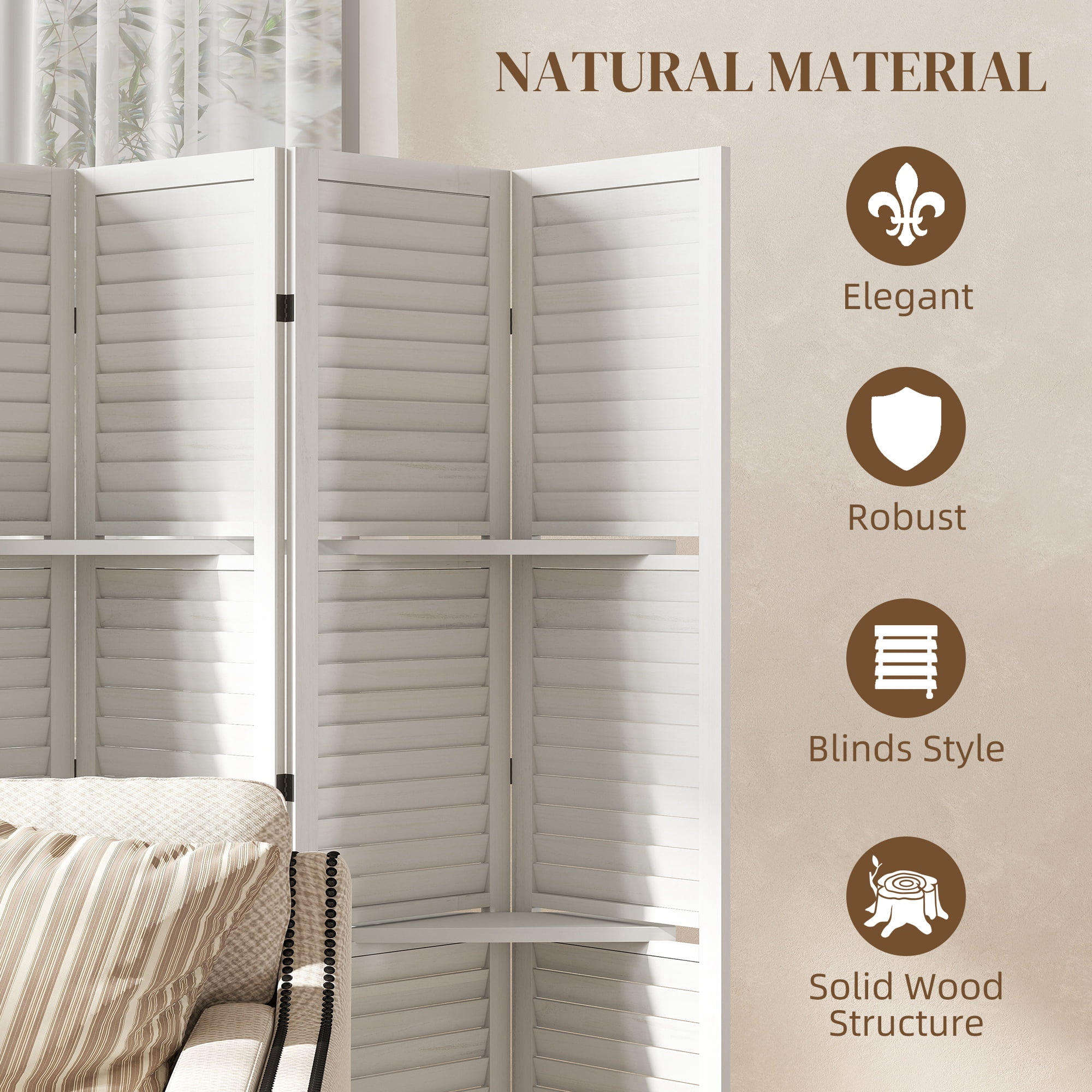 HOMCOM 6 Panel 67" Tall Wood Privacy Screen Room Divider with 3 Display Shelves, and Folding Storage for Bedroom or Home Office, White