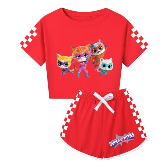 Girls Cartoon Cat 2-Piece T-Shirt Outfit Set – Kids SuperKitties Short Sleeve Tee and Drawstring Shorts