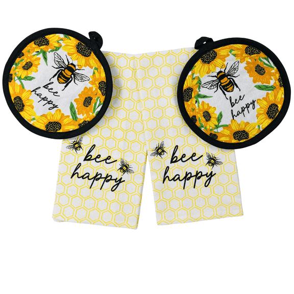 Kitchen Dish Towel and Pot Holders Set–Set of 4 100% Cotton Yellow “Bee Happy” with Sunflower and Bumblebee Design–Two Kitchen Towels (16"x26"), Two Pot Holders (8"x8") for Cooking/Home Decor