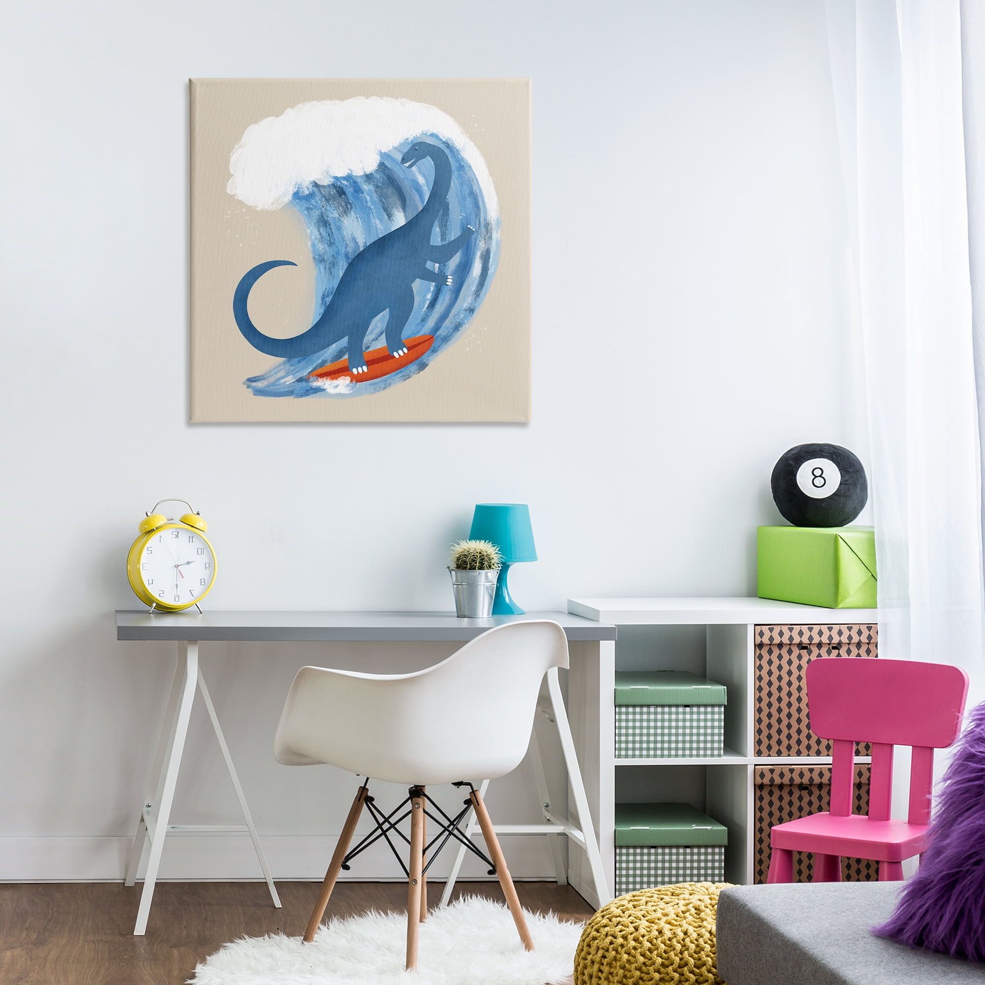 Stupell Industries Surfing Dino Brontosaurus Novelty & Humor Painting Wrapped Canvas Art Print Wall Art, 30 x 30