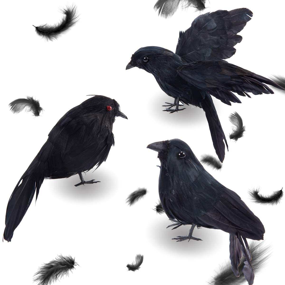 Halloween Crows And Ravens Decor Realistic Handmade Decorations Fake Crows Ravens Prop 3 Pack Black Crows Halloween Decor Feathered Crow Fly And Stand Ravens for Outdoors And Indoors Crow Decoration 