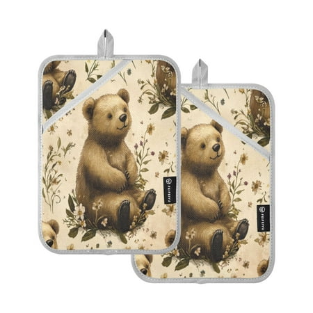

Two Pieces Of Square Heat Insulation Pad Oven Mitts 7x9.8 Inch Oven Microwave Kitchen Cooking Baking Cuddly Gray Bear