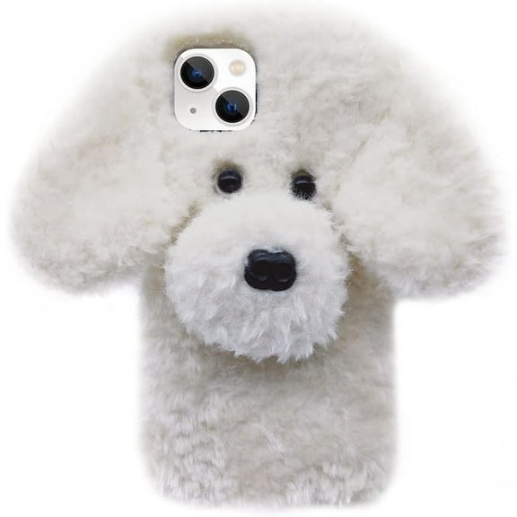 Compatible with iPhone XR Case Cute Plush Furry Dog Phone Case for Women Girls Girly 3D Cartoon Kawaii Case Soft TPU Shockproof Protective Cover White