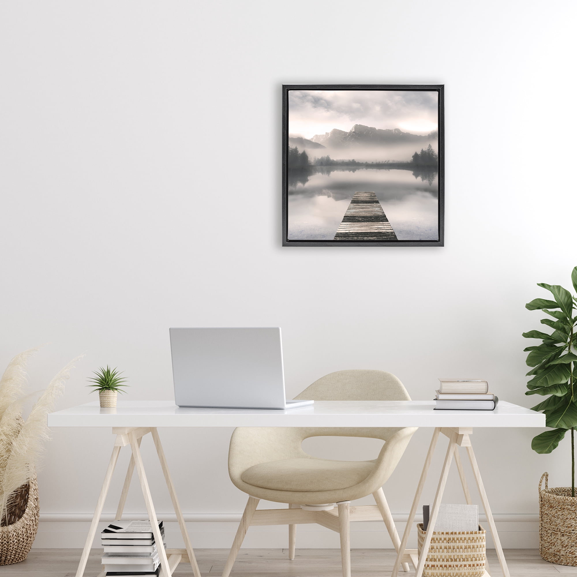 Stupell Industries Calm Reflective Waters & Mountains Black Framed Floater Canvas Wall Art, design by Irene Weisz