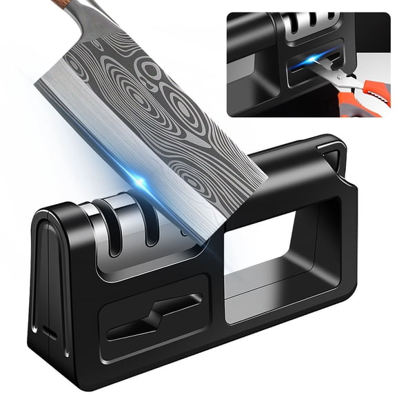 Knife Sharpener, MDHAND 4-in-1 Kitchen Knife and Scissor Sharpener Tool with Diamond Sharpening Slots,Stainless Steel Manual Knife Sharpeners,Black