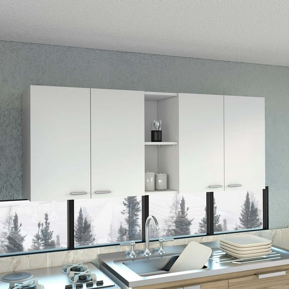 DEPOT E-SHOP Olimpo Wall Cabinet 24" H, Four Doors, Two Open Storage Shelves, Two Internal Shelves, Internal Dish and Glass Organizer