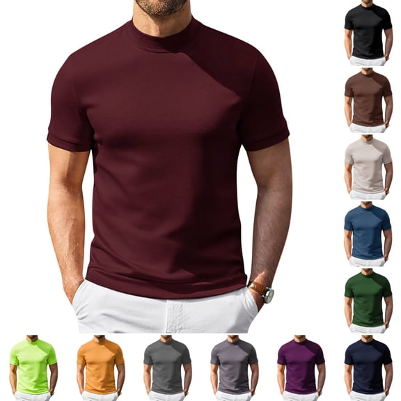 Men's Mock Neck T Shirts Stylish Stretch Short Sleeve Slim Fit Basic T-Shirt Summer Breathable Lightweight Business Casual T-Shirts Wine L