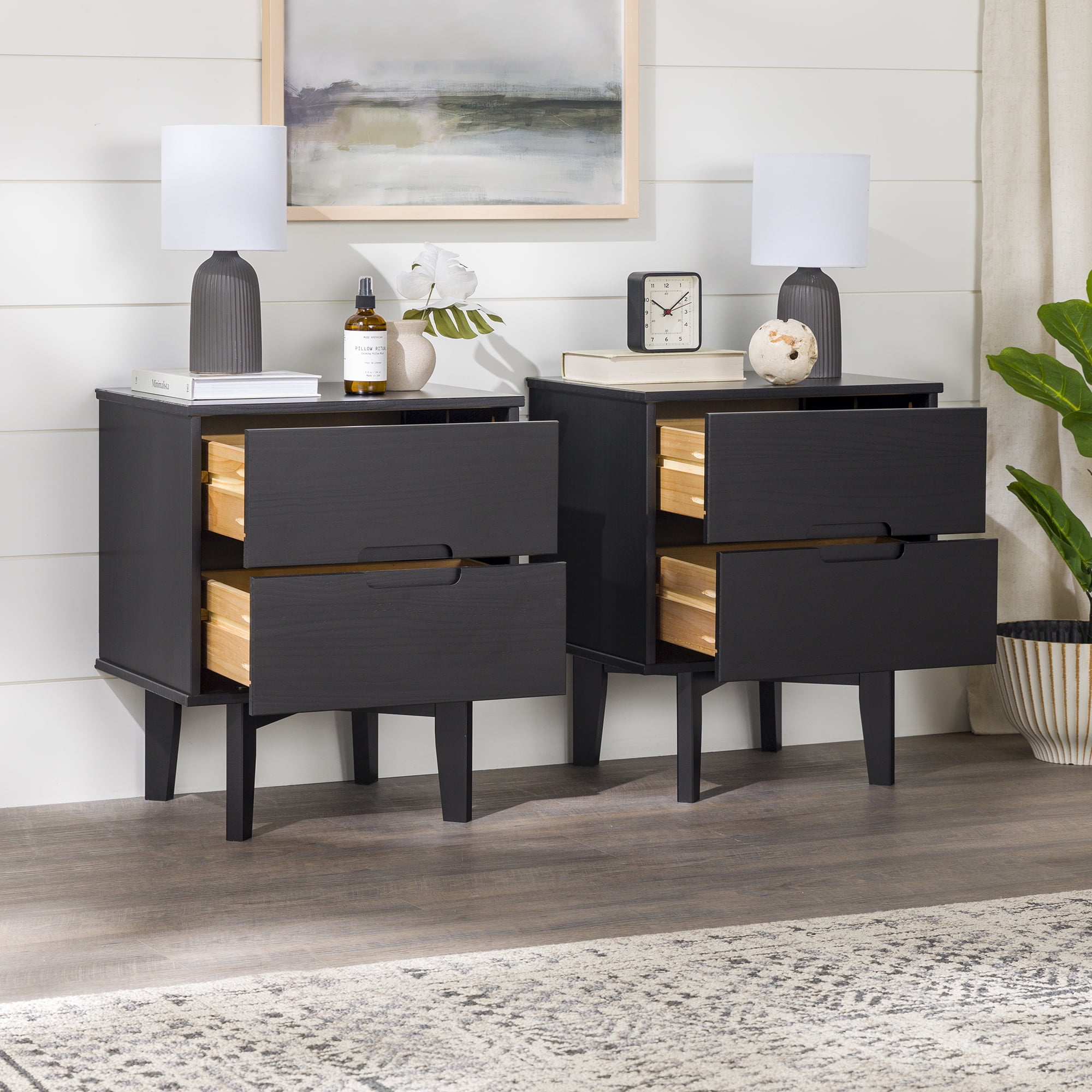 Walker Edison Set of 2 Mid-Century Modern 2-Drawer Nightstands, Black