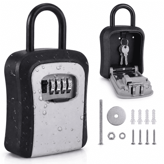 KOYMISKU Key Lock Box, Weatherproof Portable Combination Lockbox for Outside with Resettable 4 Digit Code, Holds 5 Keys, Key Safe Storage for Home, Office, Garage, Apartment