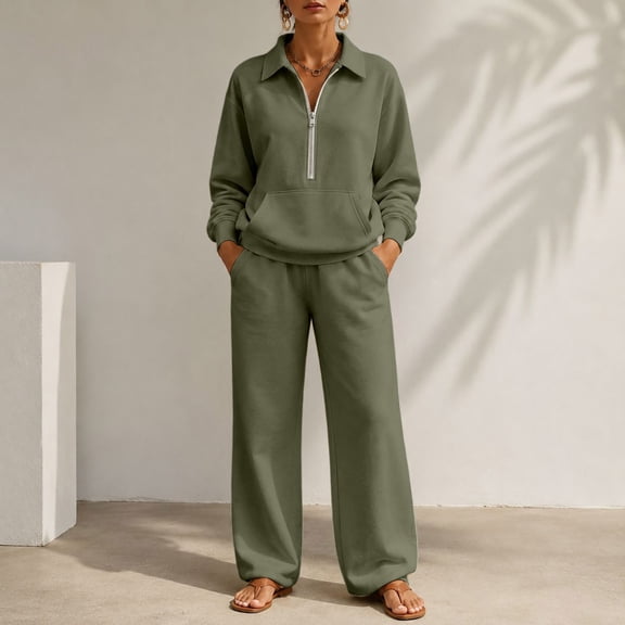 Usloyux Women's 2 Piece Lounge Set Long Sleeve Collared Pullover Top and Wide Leg Pants Matching Tracksuit Outfits, Army Green L