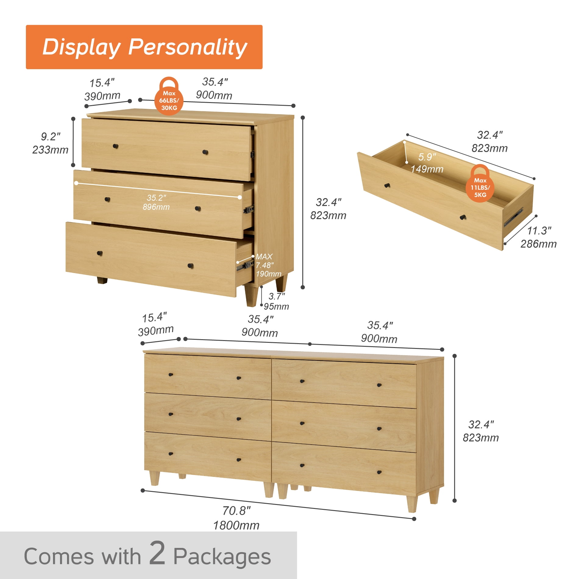 WAMPAT Dresser and Nightstands Set of 4, Wood Dressers with 6 Drawers, 2 Pieces Nightstands with Charging Stations for Living Room, Oak Wood