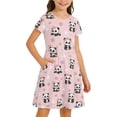 thumbnail image 4 of Summer Dresses for Girls Girls Panda Print Short Sleeve Crew Neck Casual Dress Knee Length Playful Kids Summer Day Outfit Comfortable Blend Pink 13 Years-14 Years, 4 of 5