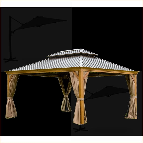Hardtop Gazebo 12'x16' | Wood Grain for Patio Deck Backyard | Curtains Netting | Aluminum | Tan Brown