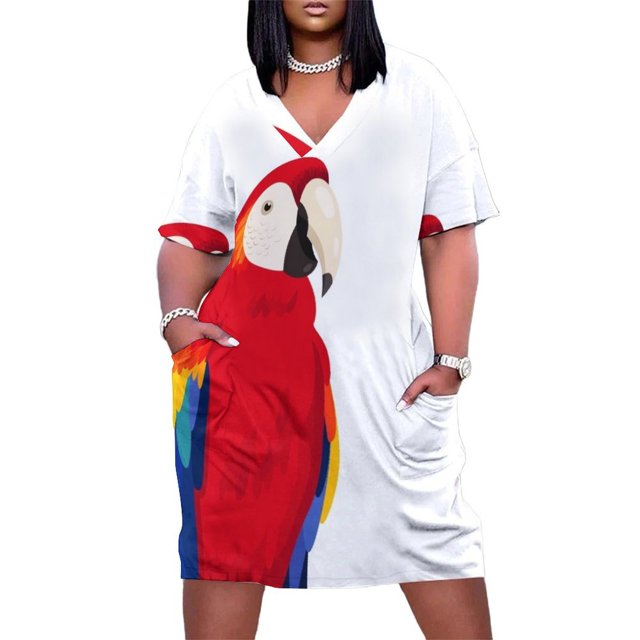 Hermoso vestido de bolsillo suelto con arte de guacamayo escarlata Vestidos de verano para mujer Vestidos de mujer elegantes y bonitos