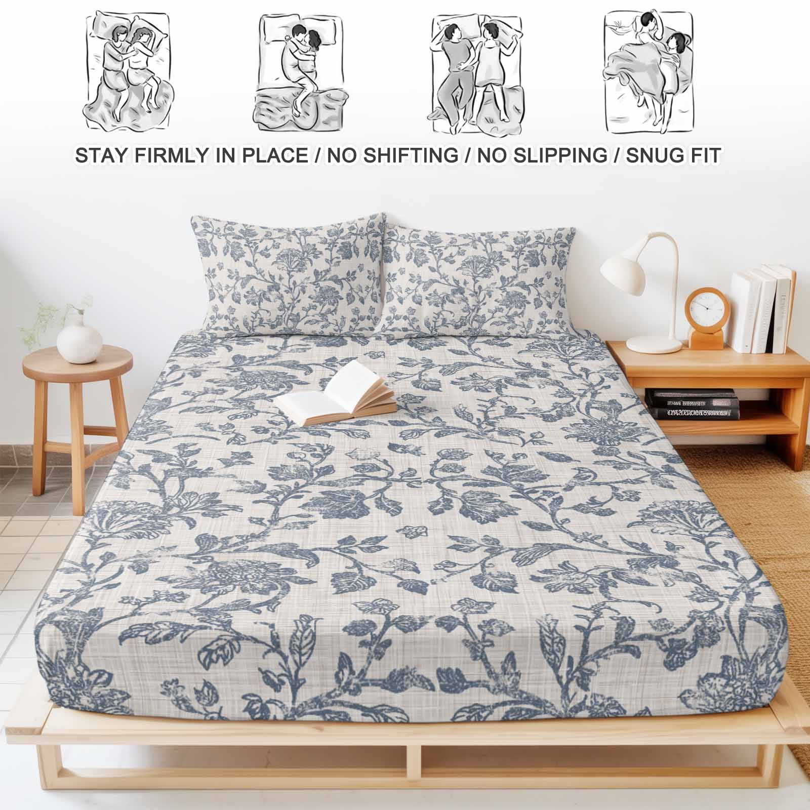 King Size Fitted Sheet Set - Farmhouse Blue Floral 3 Piece Bedding Sets 16" Deep Pocket Fitted Sheet with 2 Pillowcases, Vintage Botanical Leaves Burlap Brushed Microfiber Hotel Luxury Bed Sheets