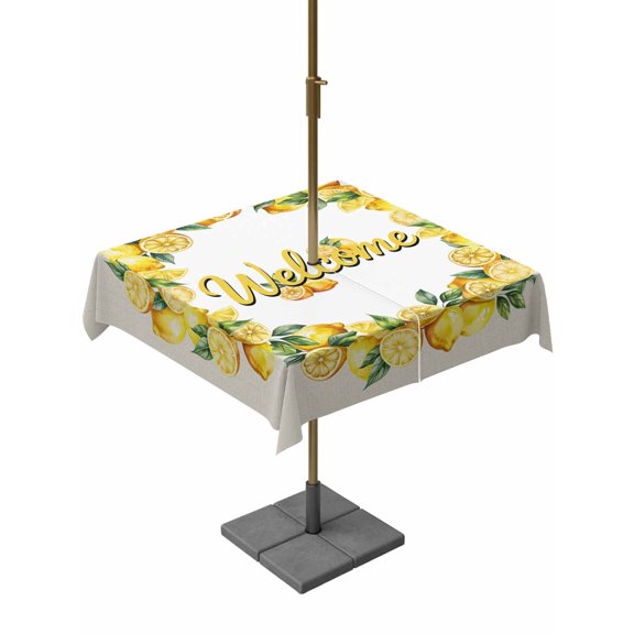 Outdoor Tablecloth with Umbrella Hole for Patio/Picnic/Party/Camping, Yellow Lemon Waterproof Table Cloth Square Cover Washable, Farmhouse Summer Fruit Leaves Plants (60"x 60")