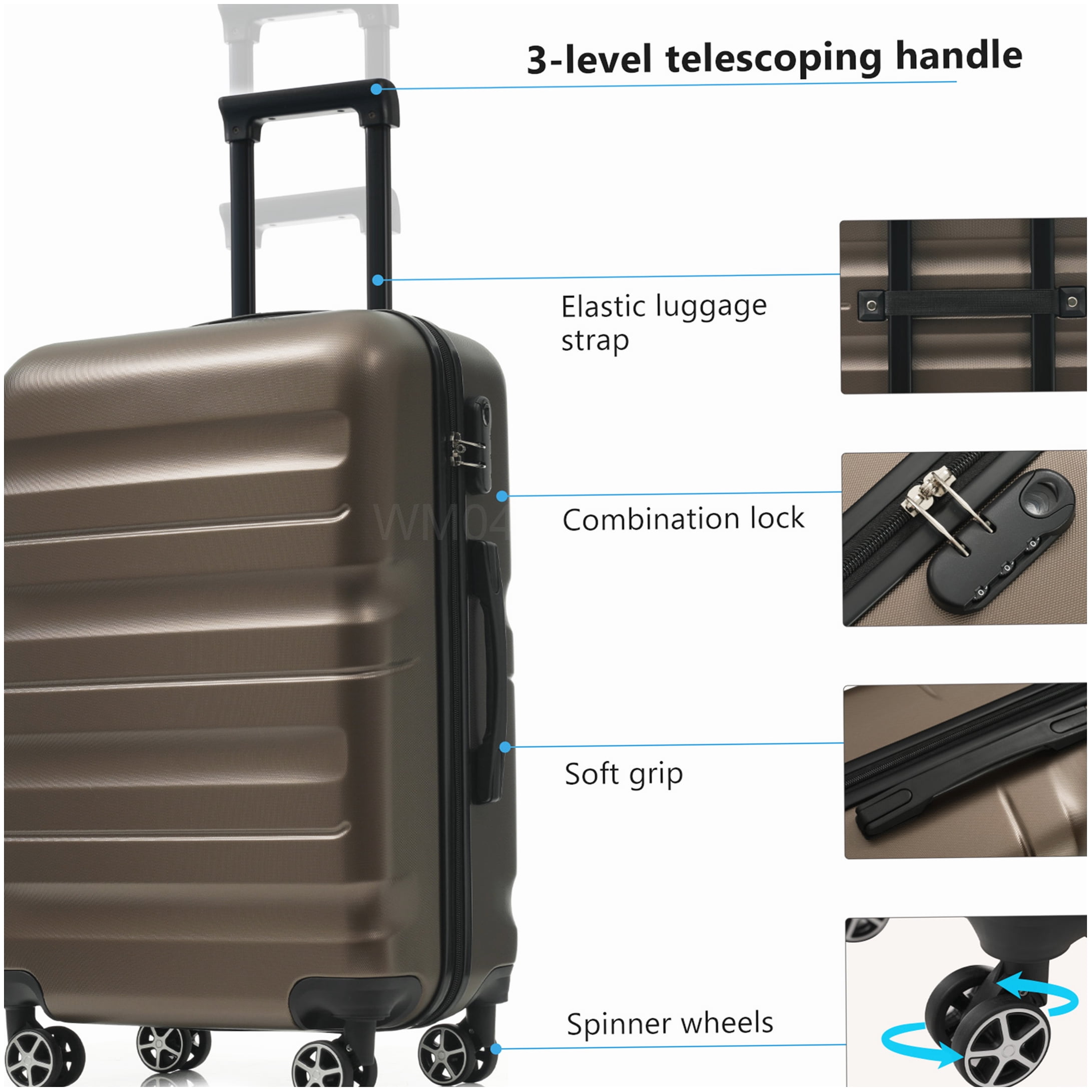 360° Spinner Wheel Luggage Set, 6-Piece ABS Hardshell Suitcases in Lightweight Design for Men and Women, Brown