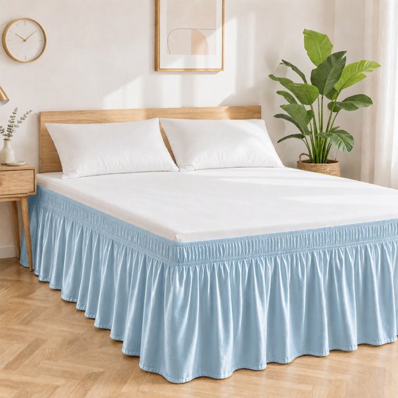 1Pc Wrinkle‑Resistant Wrap‑Around Elastic Bed Skirt, Neat Cover to Block Dust Accumulation (Twin,Light Blue)