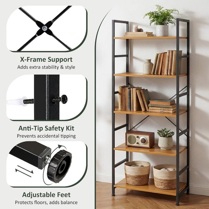 Kelno 5-Tier Bookshelf 62"x24" Industrial Storage Shelf Free Standing Bookcase Metal Frame Bookcase with Open Storage Shelves,Light Oak