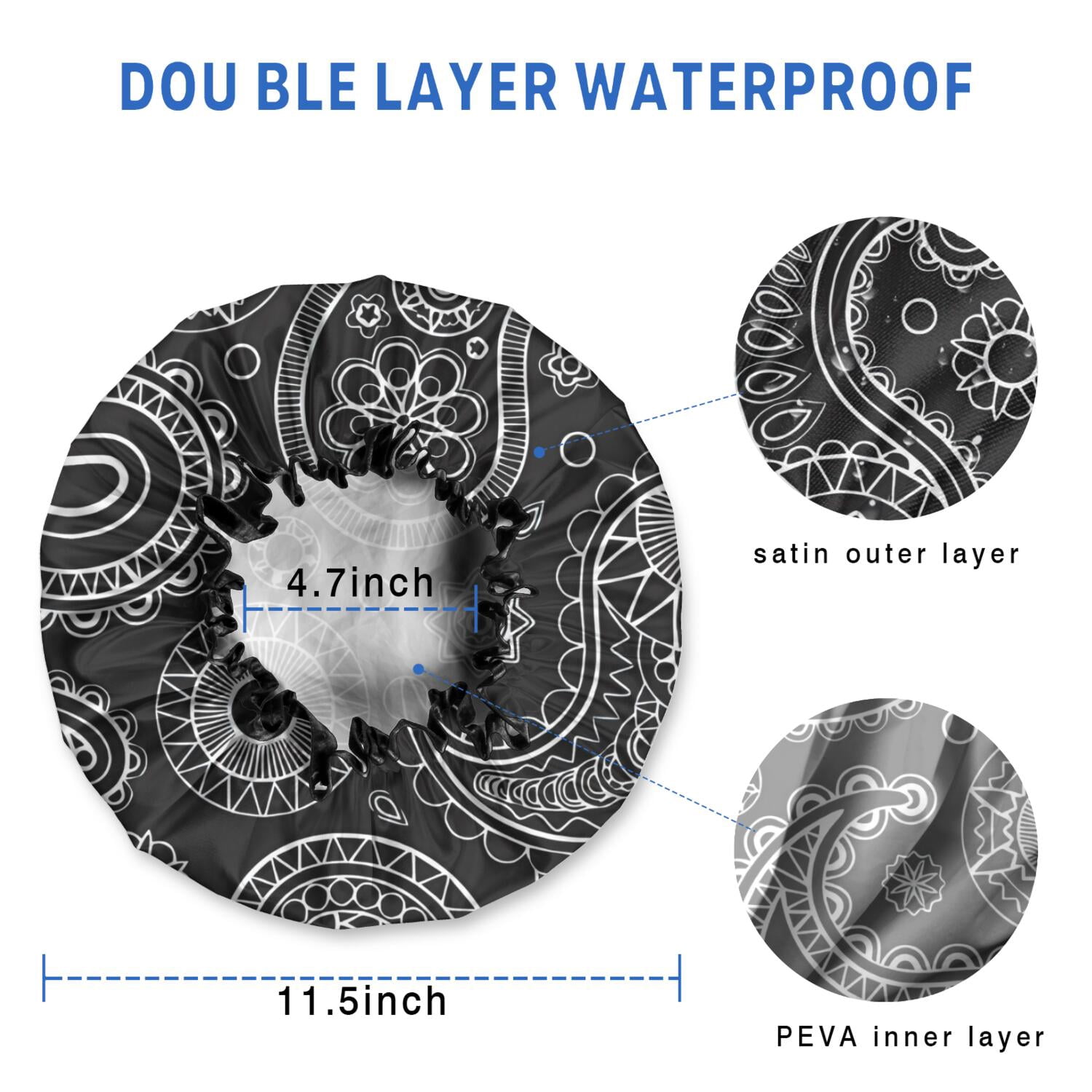 Shower Caps,Black Paisley Pattern Waterproof Shower Cap for Women 4 Pieces,Double Reusable Hair Cover for Shower PEVA Elastic Stretch Hem