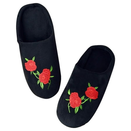 

Home Indoor Wooden Floor Silent Cotton Slippers Rose Embroidered Soft Bottom Home Indoor Anti-skid Cotton Slippers