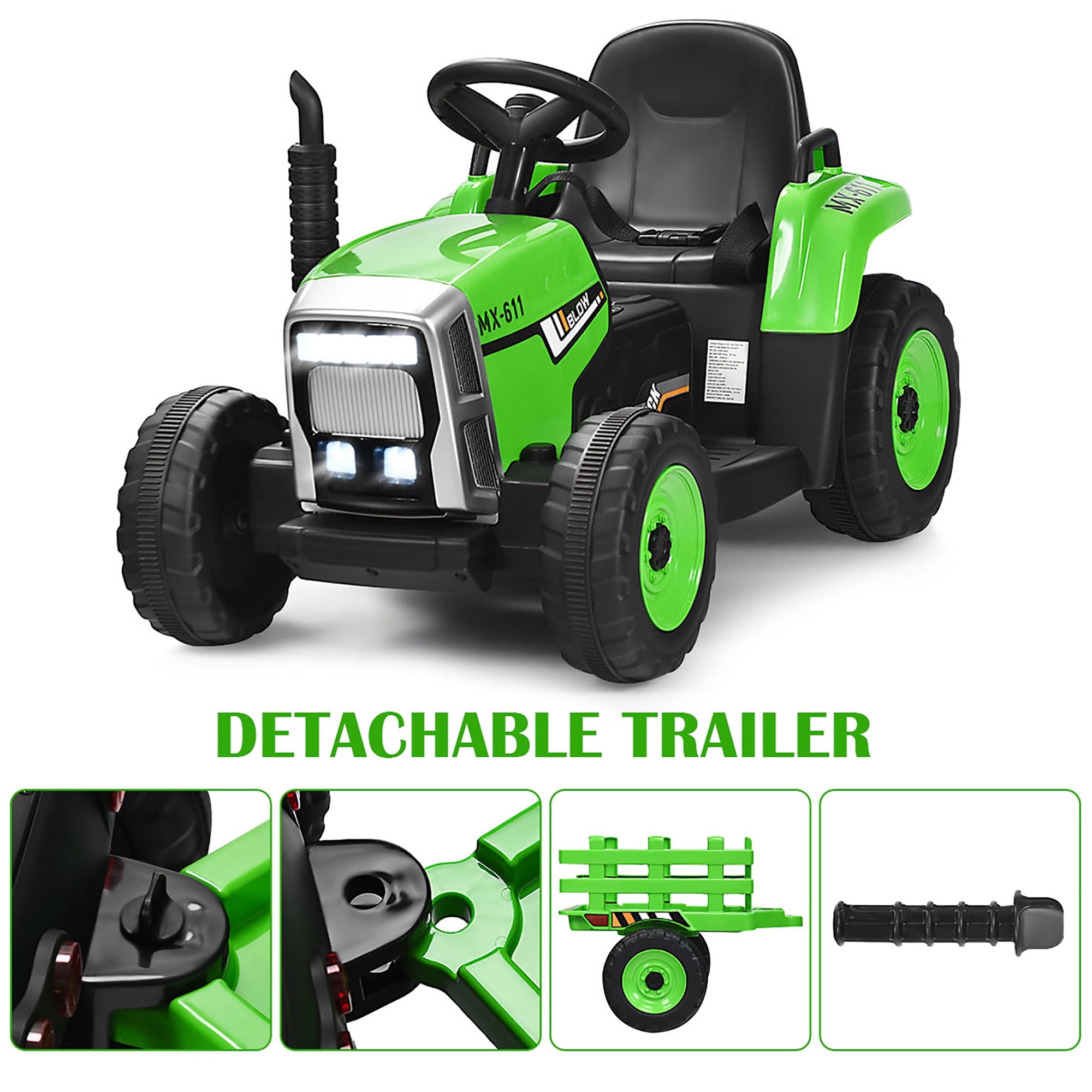 Costway 12V Kids Ride On Tractor with Trailer Ground Loader w/Remote Control &LED Lights Green