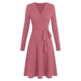 thumbnail image 2 of Zedker Sweater Dresses for Women 2025 Fall Winter Tie Waist Pleated Knit Dress Long Sleeve Fashion V-Neck Sweater Dresses, 2 of 6