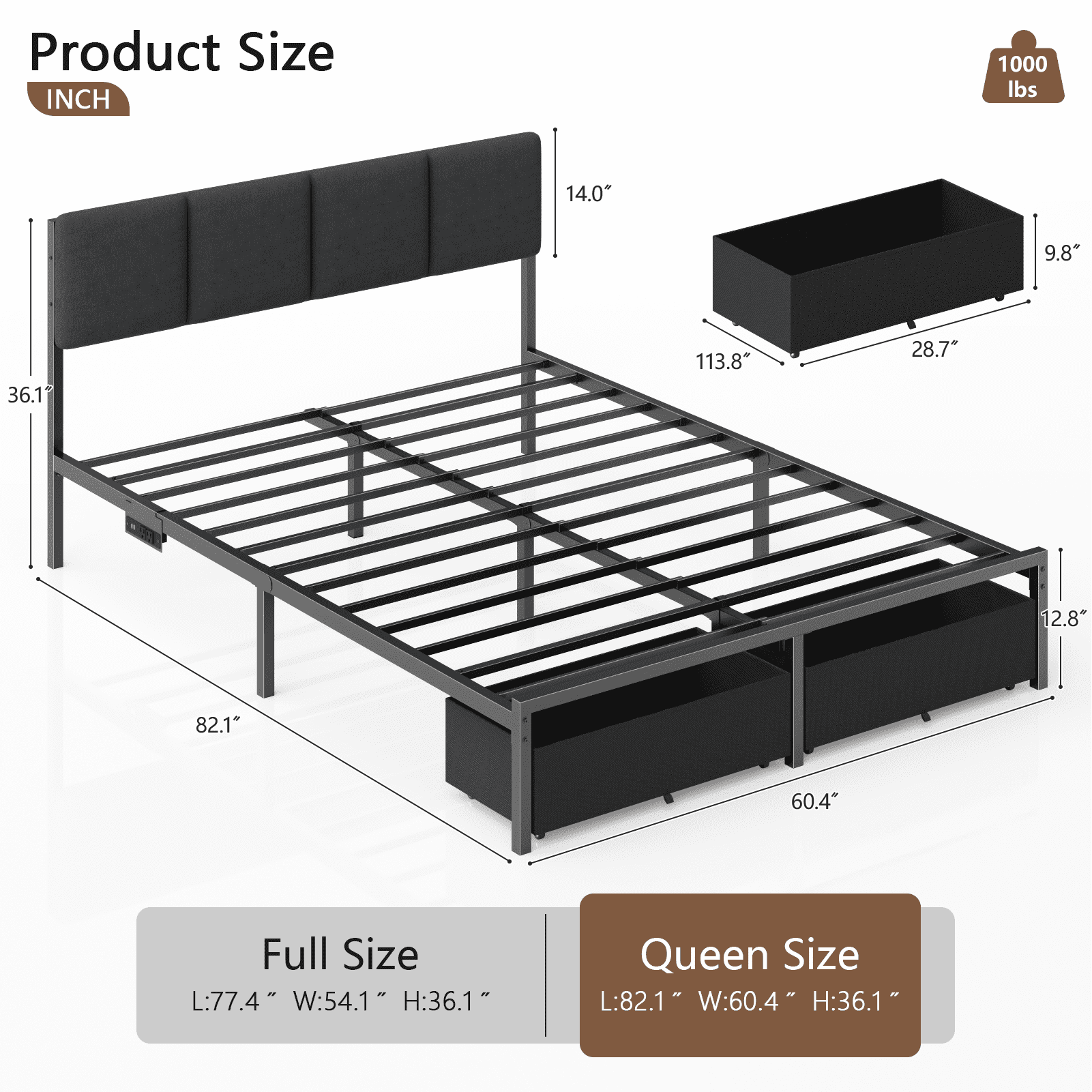 Tydimor Queen Upholstered Sturdy Metal Bed Frame with LED Lights, 2 Storage Drawers & Charging Station