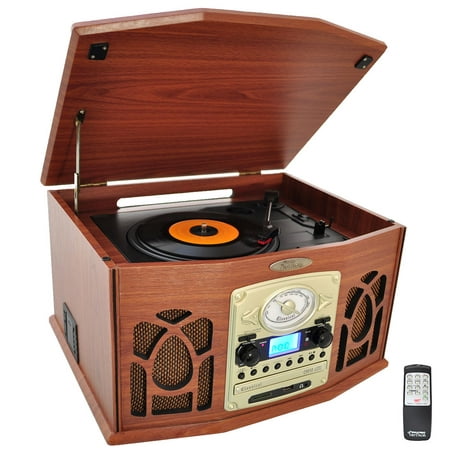 Pyle PTCDS7UIW - Vintage Classic-Style Turntable System with Built-in Speakers, AM/FM Radio, CD & Cassette Players, USB/SD Readers, Vinyl-to-MP3