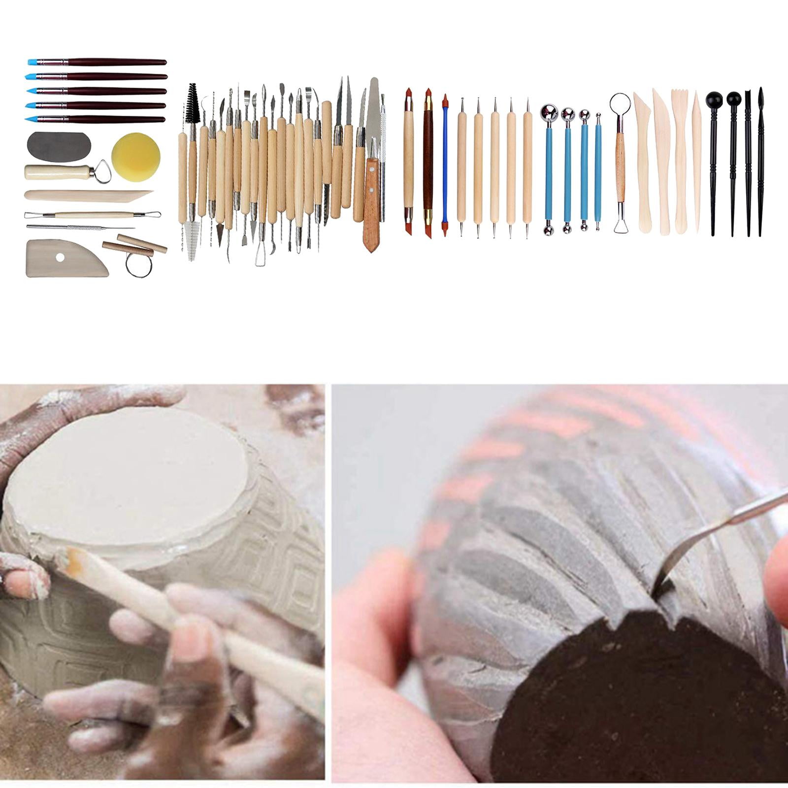GUOOL Pottery Carving Tool Kit with Wooden Handle Steel Tip Ceramics Clay Pottery Modeling Blending Smoothing Tool Cleaning Tool Set Craft - 56 Pieces