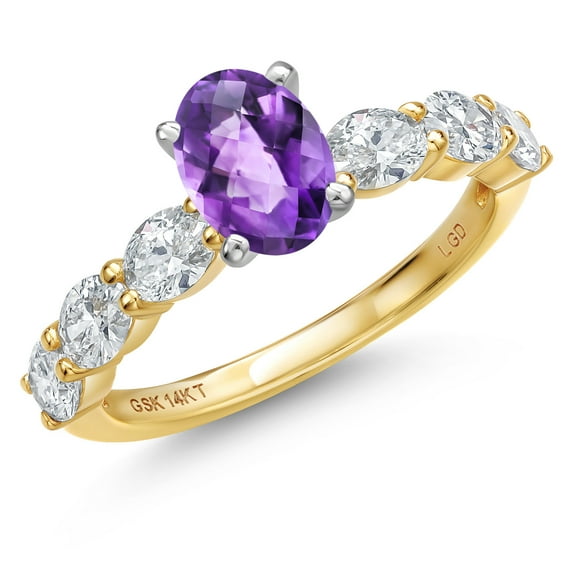 Gem Stone King 14K Two Tone Gold Purple Amethyst and Lab Grown Diamond Engagement Ring for Women | 1.65 Cttw | Oval Checkerboard 7X5MM | Gemstone February Birthstone | Size 5
